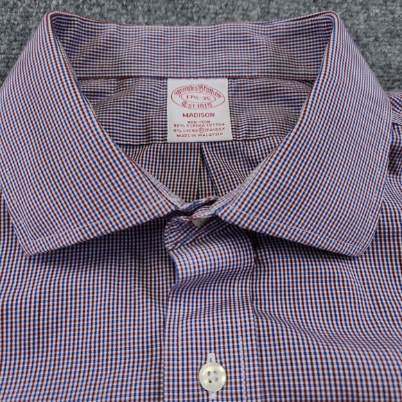 Brooks Brothers Madison Men's 17.5 35 Blue Red Plaid Long Sleeve Cotton Spandex - Picture 8 of 11